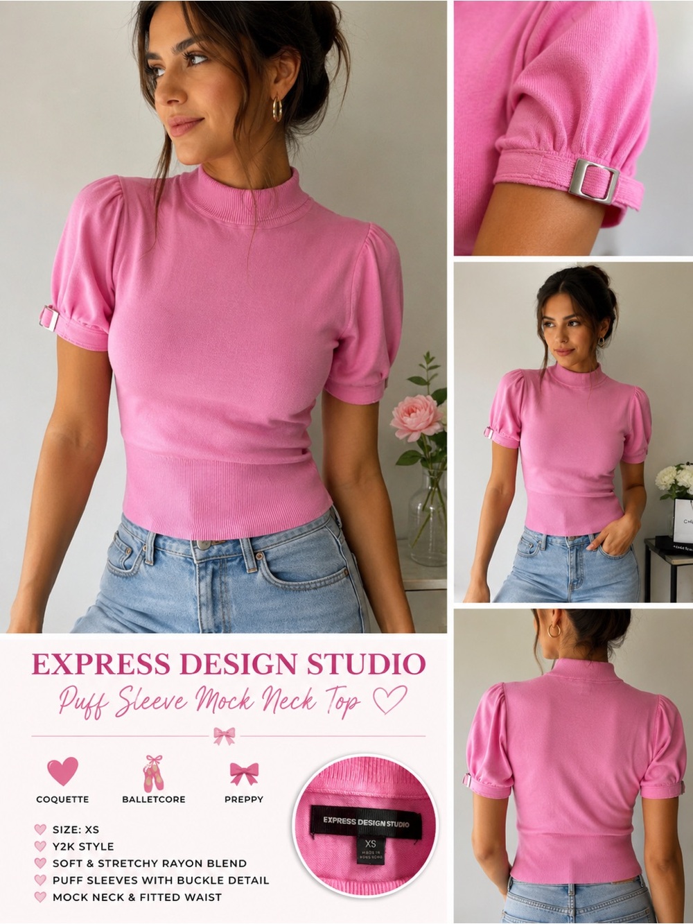 Express Pink Puff Sleeve Mock Neck Top